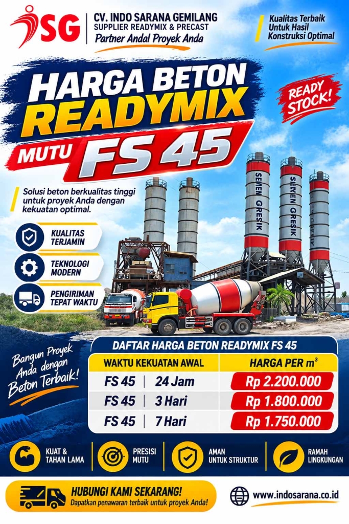 Harga Beton Readymix Mutu FS 45